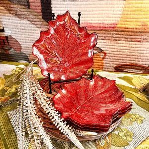 Vintage Set of 2 Iridescent Red Orange Glass Leaf Plates